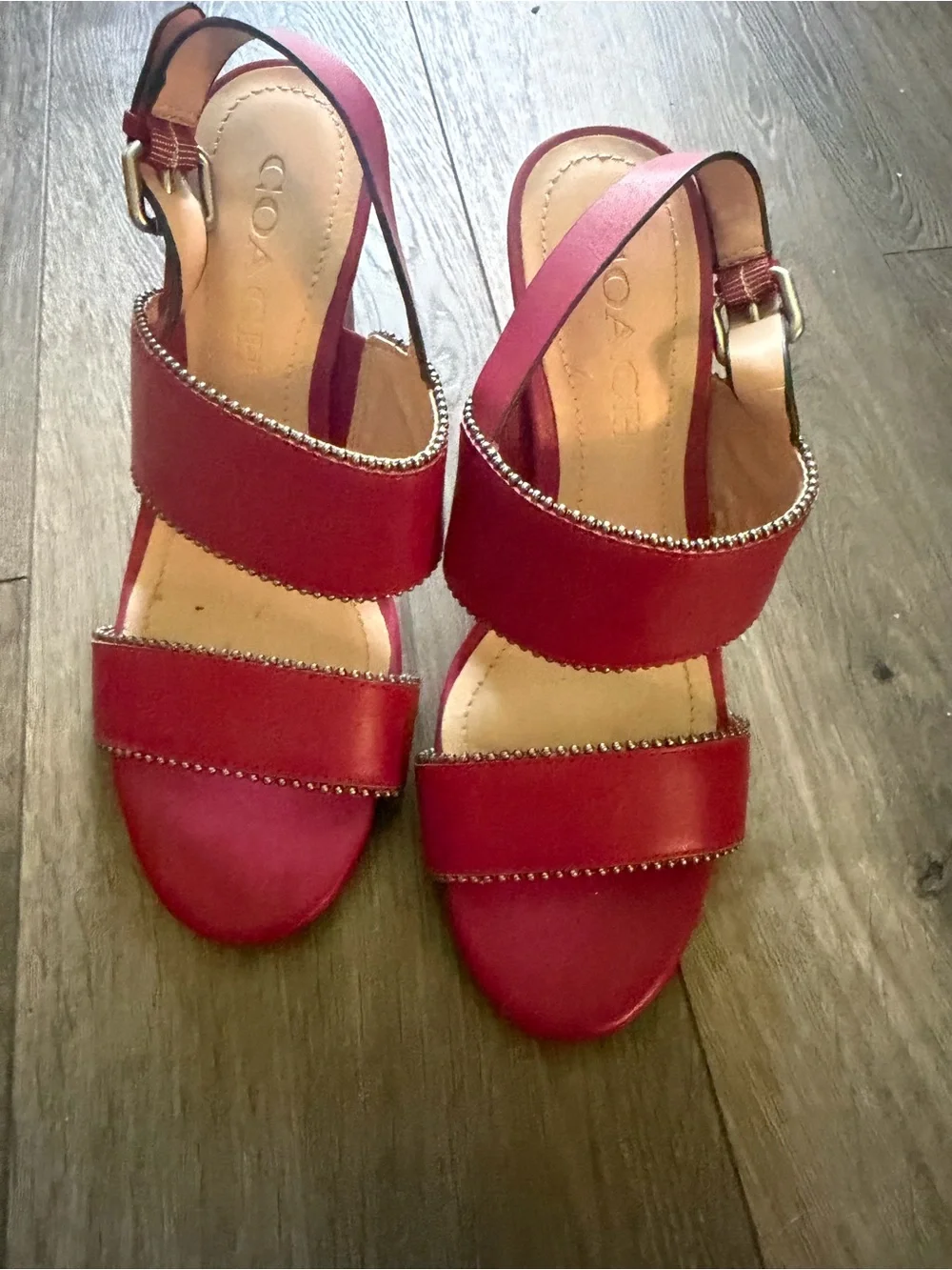 Coach Red Leather Beaded Strap Slingback Sandals